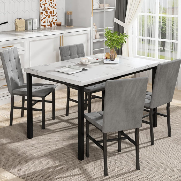 Dining Room Table Set 5 Piece Dining Table Set Marble Dining Table 4 Chair Dining Table Set for Kitchen Living Room Breakfast Small Spaces (White & Grey)