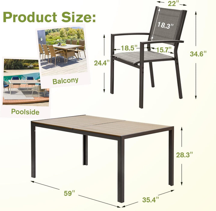 Patio Dining Set 7 Pieces Outdoor Furniture Table and 6 Textilene Chairs, Light Grey