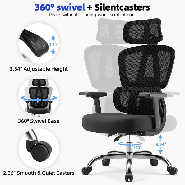 Office Chair Ergonomic Desk Chair Breathable Mesh Chair with Lumbar Support & Headrest, Black Office Chair 330 Lbs Home Computer Chair Thickened Cushion, Tilt Lock