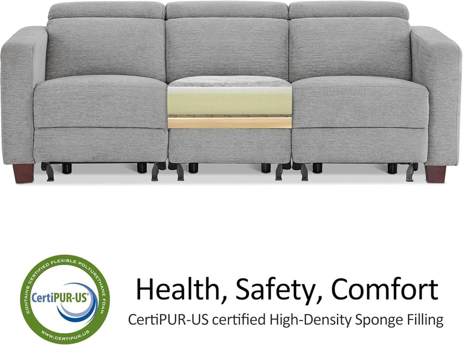 88.6'' Reclining Sofa, Wall Hugger Power Recliner Sofa with Adjustable Headrest, USB a & C Charge Ports, Wood Legs, for Living Room (Fabric, HL198M3) (Grey, 3-Seater)