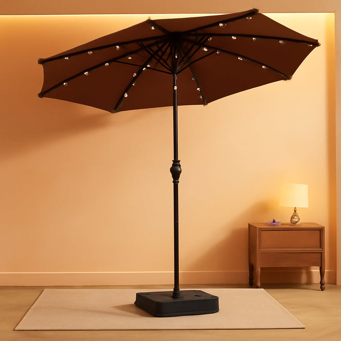 15 Ft Large Patio Umbrella with Solar Lights Double-Sided Outdoor Rectangle Market Umbrellas with 36 LED Lights/Base Included/Easy Crank for Patio Garden Yard Pool Lawn, Brown