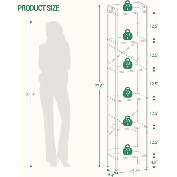 Bookshelf, Book Shelf, Industrial Bookcase with 2 Hooks, Coner Shelf Storage Organizer for Home Office, Living Room, Bedroom, Kitchen, 6-Tier Greige BC10705B
