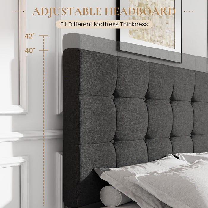 Upholstered Queen Size Platform Bed Frame with 4 Storage Drawers, Adjustable Headboard with Square Stitched Button Tufted Design, Wooden Slat Support, No Box Spring Needed, Dark Grey