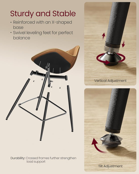 Bar Stools Set of 2, Bar Height Bar Stools with Back, Ergonomic Backrest, Synthetic Leather, Metal Legs, 28.7-Inch Tall Stools for Kitchen Island Home Bar, Caramel Brown ULBC888K01