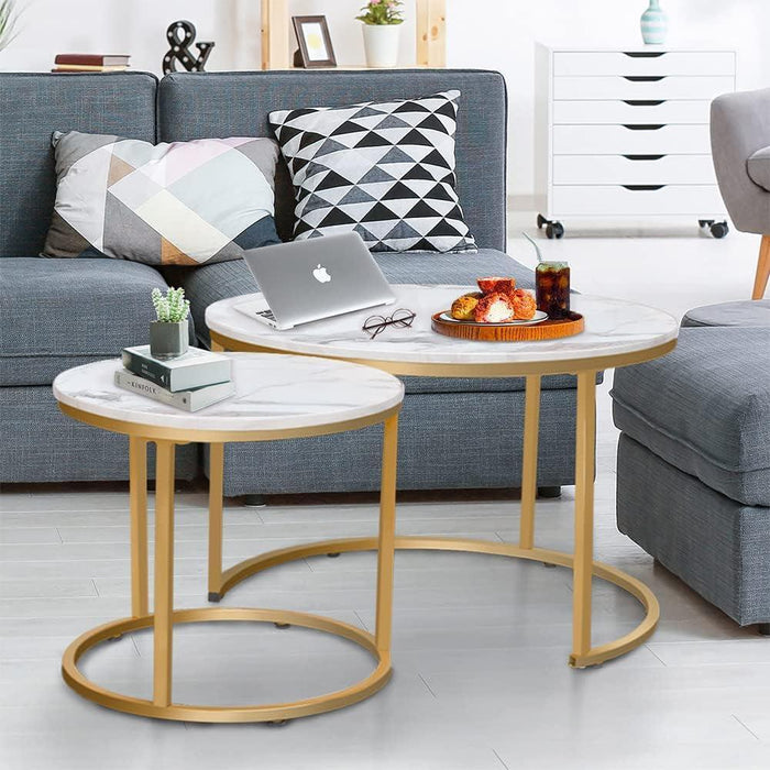 Coffee Table Nesting White Set of 2 Side Set Golden Frame Circular round and Marble Pattern Wooden Tables, Living Room Bedroom Apartment Modern Industrial Simple Nightstand