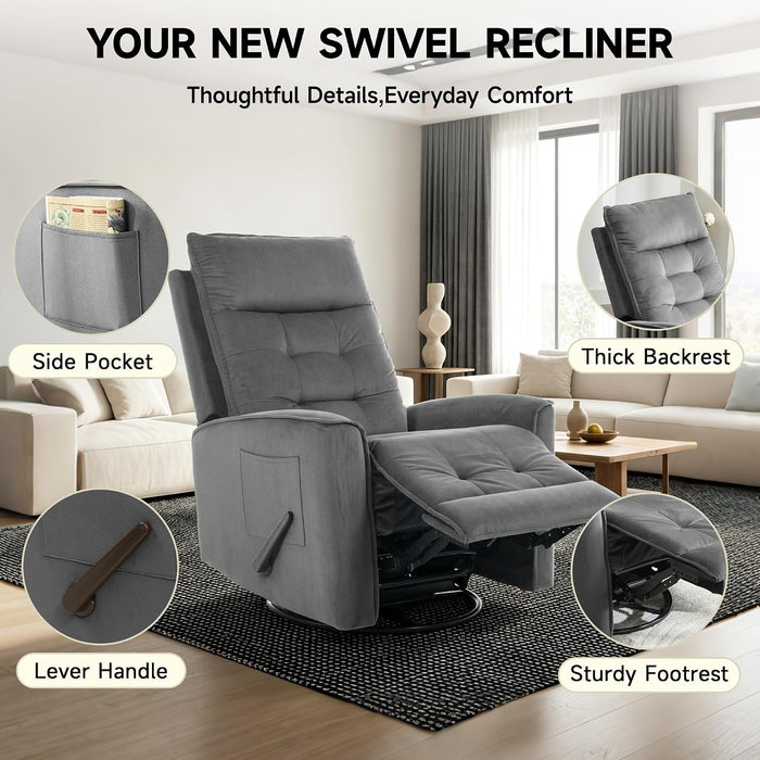 Swivel Rocker Recliner Chair, Rocking Chair, Small Swivel Recliner for Small Spaces, Living Room, Rv(Dark Grey)