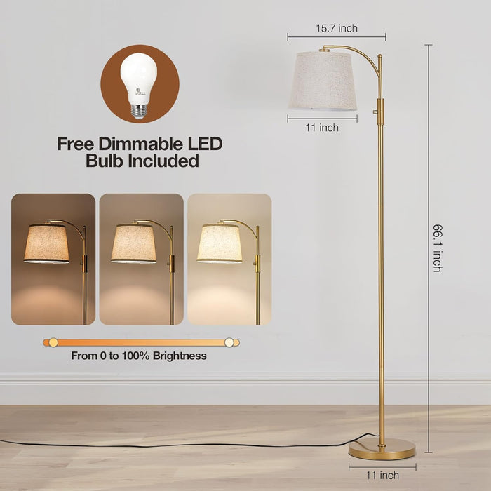 Fully Dimmable Floor Lamp for Living Room，Standing Lamp Rotary Switch with Linen Beige Shade，Golden Tall Lamps for Bedroom with Adjust Head，9W LED Bulb Included