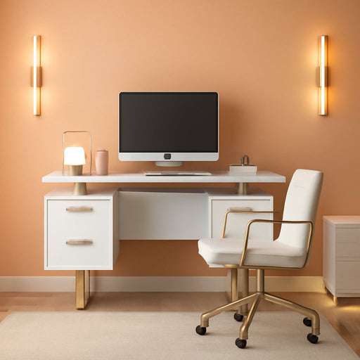 Storage Drawers and Cabinet 51.25” W-Modern Office Large Floating Desktop Surface Desk, 23.6" D X 51.2" W X 29.8" H, White/Gold