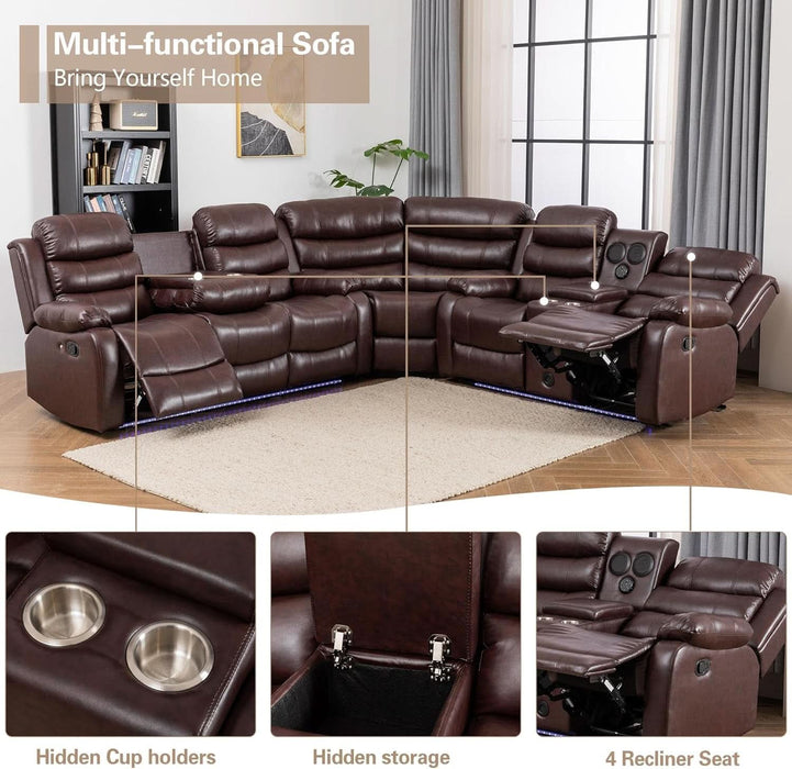 Faux Leather Living Room Set Modern Reclining Sectional Sofa with LED Light, USB Chargers, Sound System, 4Cup Holders, Hidden Storage, Brown
