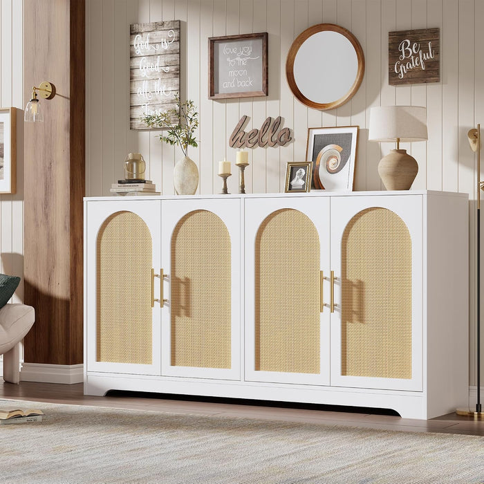 59" Rattan Sideboard Buffet Cabinet - Large Storage Cabinet with 4 Doors, Modern Console Table Accent Coffee Bar Cabinet for Living Room, Kitchen, Hallway, Dining Room, White