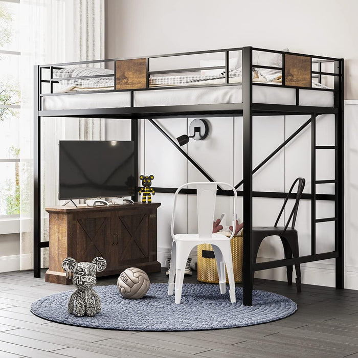 Loft Bed Twin Size with Ladder and Guardrail,Rustic Design,Metal Slats Support No Box Spring Needed Small Space Saving Furniture for Bedroom Dorm