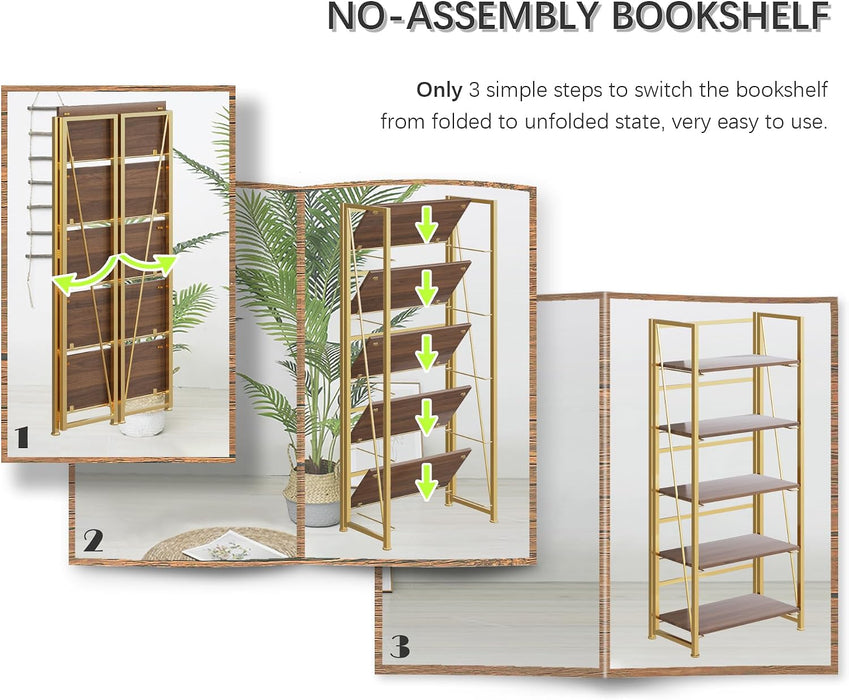 No Assembly Folding Bookshelf Book Shelves, 5-Tier 62.2"" H Collapsible Foldable Bookcase Storage Industrial Shelf for Living Room Bedroom Office