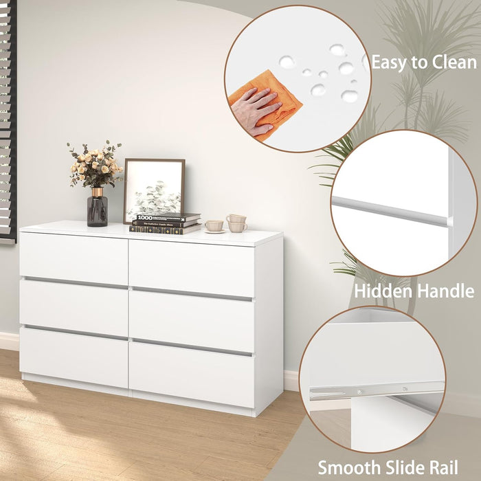 6 Drawer Dresser for Bedroom, Modern White Chest of Drawers No Handles Large Storage, Wood Dressers with Wide Drawers for Closet, Living Room, Home Office(43.3" W X13.4 Dx 26.4" H)