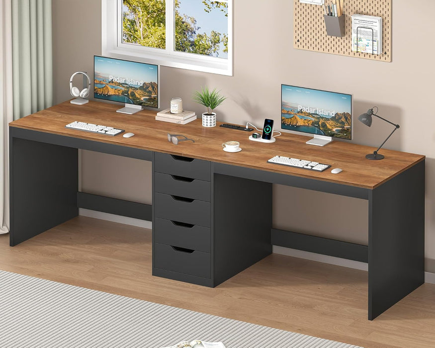 2 Person Desk with 5 Drawers and Power Outlets, 78.7 Inch Long Computer Desk with Storage File Cabinet, Two Person Home Office Double Desk with Storage, Brown and Black