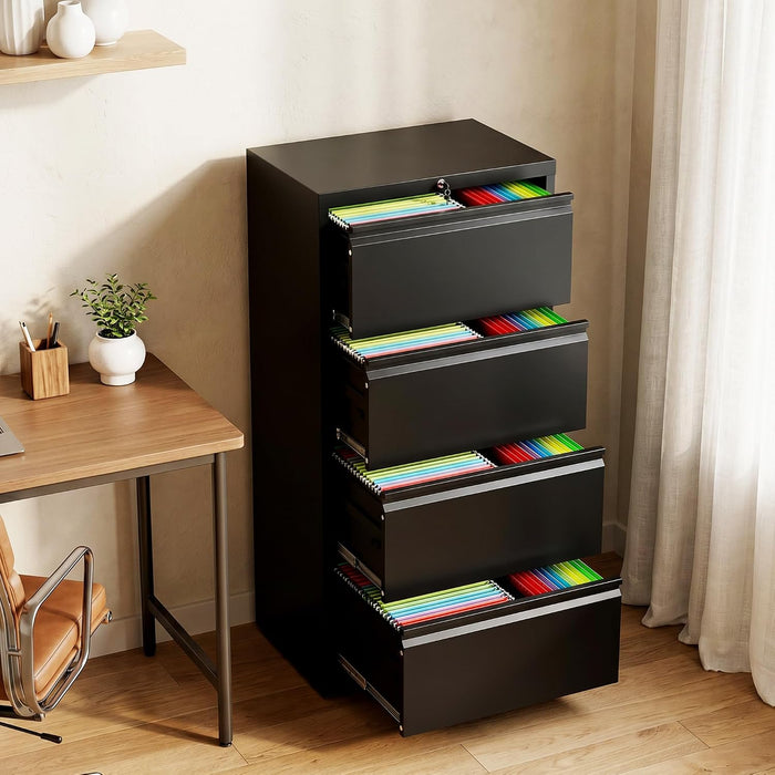 4 Drawer File Cabinet with Lock, Black Metal Lateral Filing Cabinet