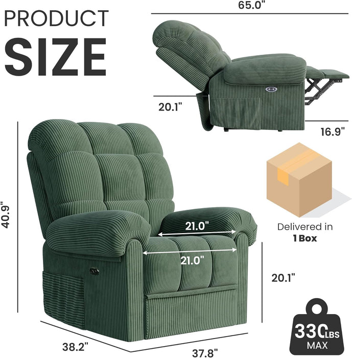 Upgraded 2024 New Power Recliner Chair for Adults, Adjustable Electric Chair Power Reclining Sofa, USB Port, Ultra-Comfy Corduroy Recliner for Living Room, Tool-Less Assembly Single Sofa Green