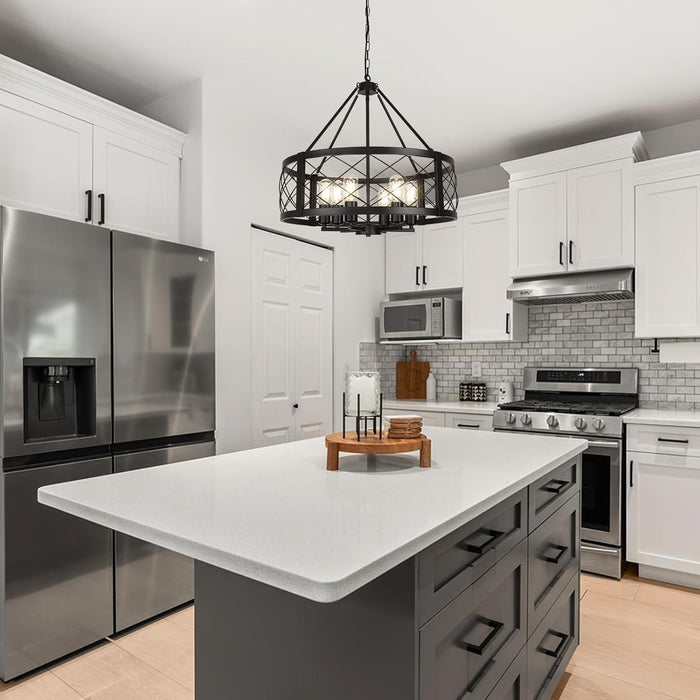 6-Light Black Rustic Drum Chandelier, 22.5” Modern Chandelier for Dining Room, round Metal Hanging Light Fixture for Foyer, Entryway, Bedroom, Kitchen Island