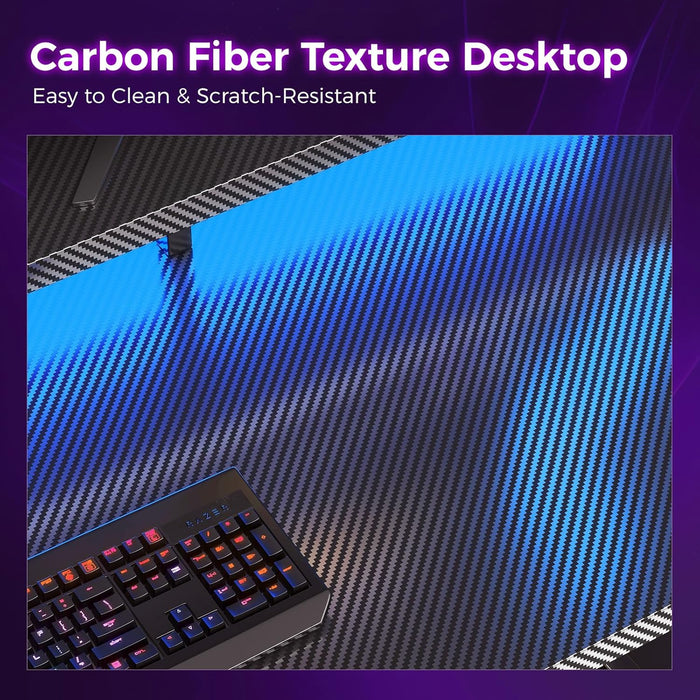 55 Inch Gaming Desk with LED Lights, Computer Desk with Storage Shelves, Reversible Desk with Monitor Stand, Carbon Fiber Black