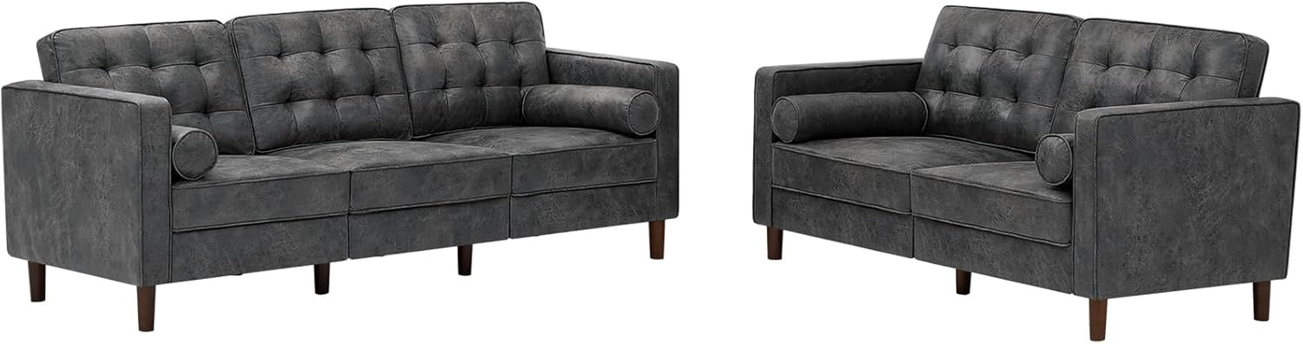 2 Pieces Faux Leather Sofa Set with Bolster Pillows,Tufted 3-Seat Sofa and Loveseat Couch with Wooden Legs, Upholstered Living Room Set for Living Room, Office, Grey