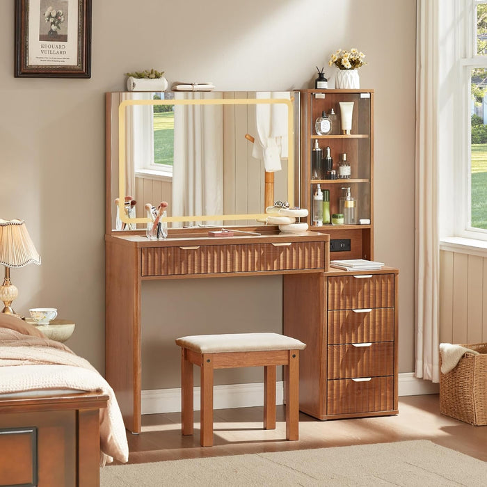 Vanity Desk with Mirror and Lights, 43.5'' Fluted Makeup Vanity with 6 Drawers and Adjustable Shelves, Glass Top Make up Vanity, Girls Wood Dressing Table with Power Outlet for Bedroom