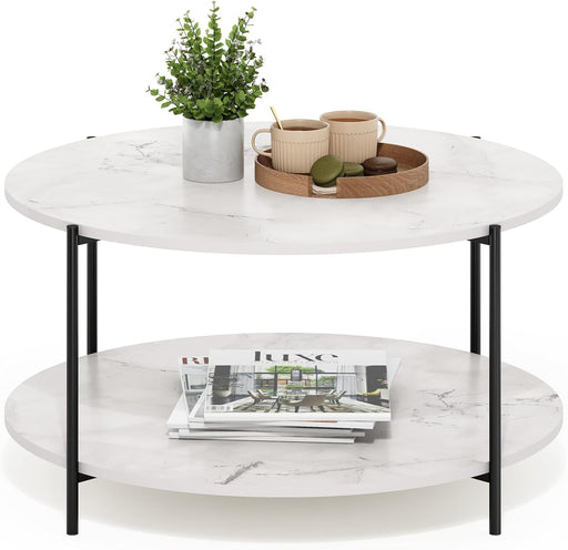 BESI Coffee Table, 2-Tier round Coffee Table with Storage, Shelf and Metal Legs, for Living Room, Light Marble