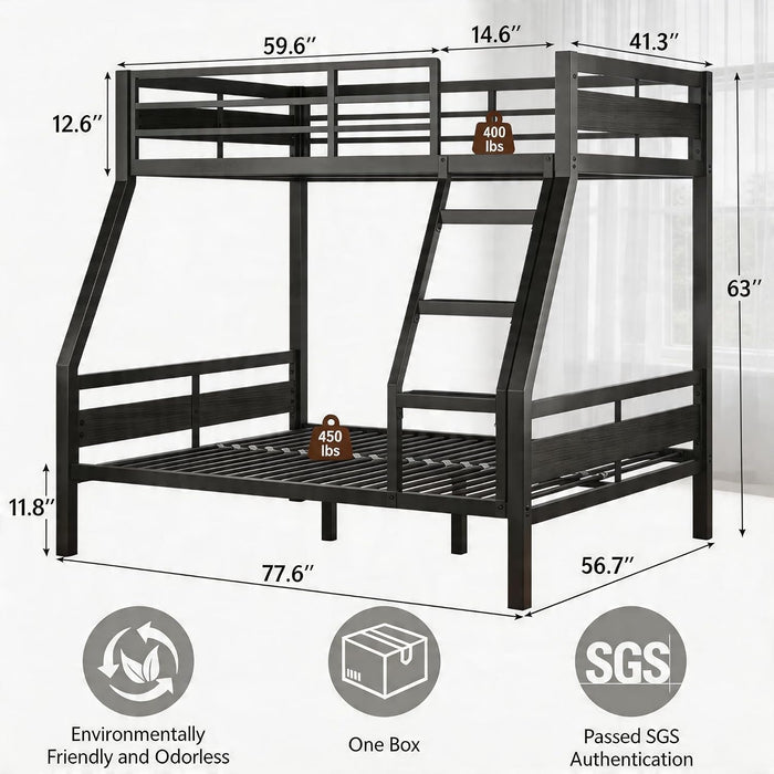 Twin Over Full Bunk Bed HeavyDutyIndustrialStrengthBlack Guardrail