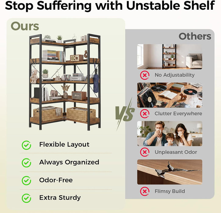 5-Tier Corner Bookshelf, L-Shaped Metal Frame Shelf with Tall 14" Shelves, Plant Stand and Storage Rack for Small Spaces, Living Room and Home Office, Brown