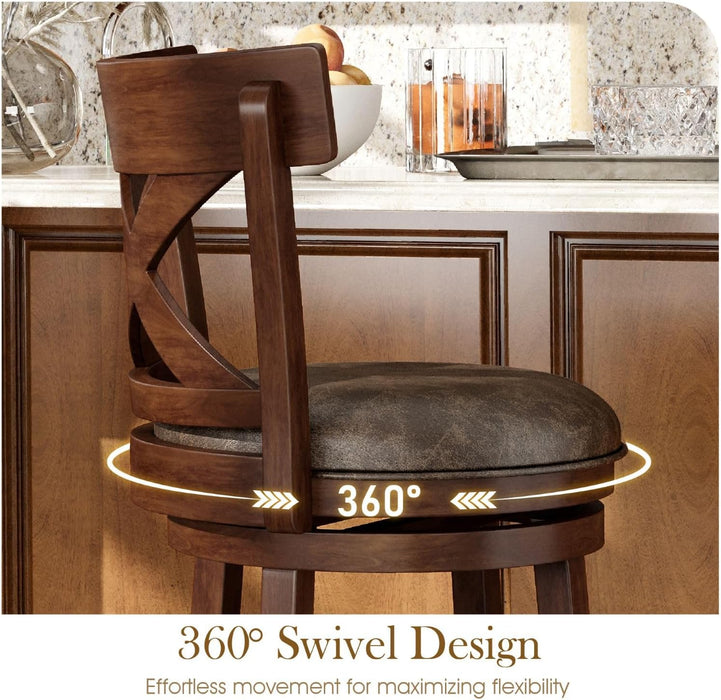 26 Inch Swivel Bar Stools Set of 2, Counter Height Stools | Rustic Wooden Barstools with Back & Solid Wood Legs, Faux Leather Bar Chairs for Kitchen Island, Dark Cherry