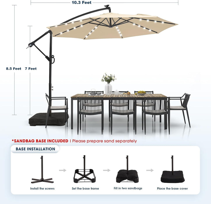 10Ft Solar LED Patio Umbrella with Base Included, Offset Umbrella with Weighted Sandbag Base, Cantilever Patio Umbrellas for Backyard, Garden & Deck, 32 LED Lights & Polyester Shade, Beige