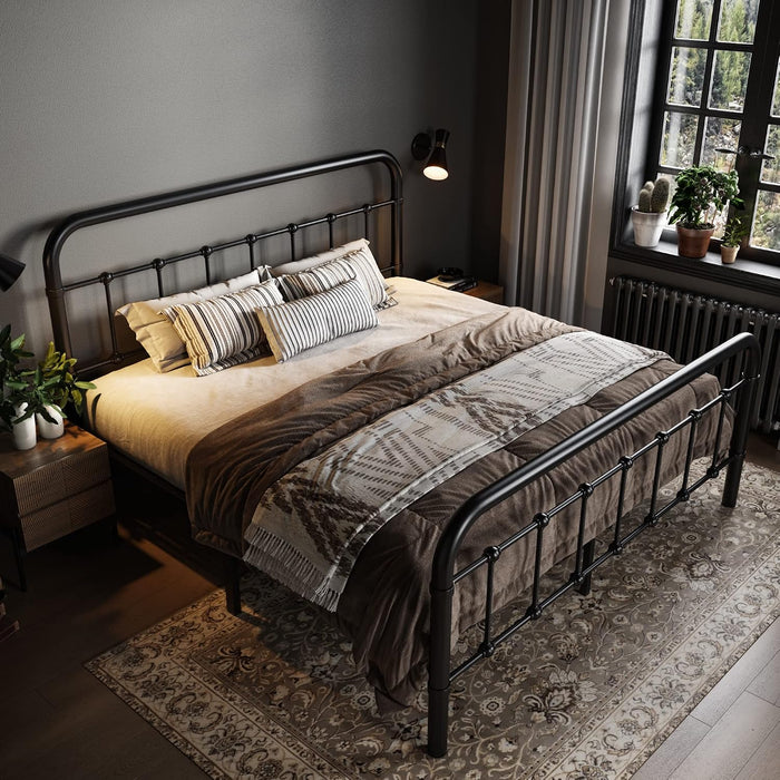 Queen Metal Bed Frame with Victorian Iron-Art Headboard, Black