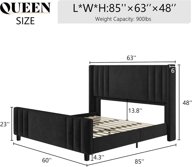 Queen Size Bed Frame, Velvet Upholstered Platform Bed with Vertical Channel Tufted Headboard & Footboard/Wingback, Mattress Foundation with Wood Slats, No Box Spring Needed, Black