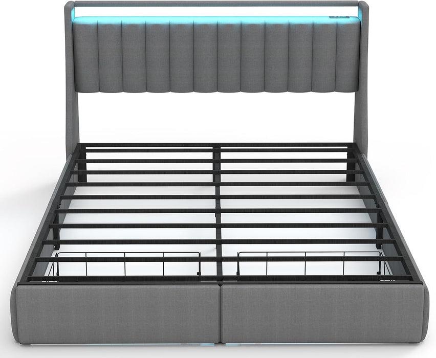 Queen Bed Frame with 2 Storage Drawers, Platform Bed Frame Queen Size with LED Light, Upholstered Headboard, Charging Station, Steel Slat Support, No Box Spring Needed, Noise-Free, Easy Assembly, Gray