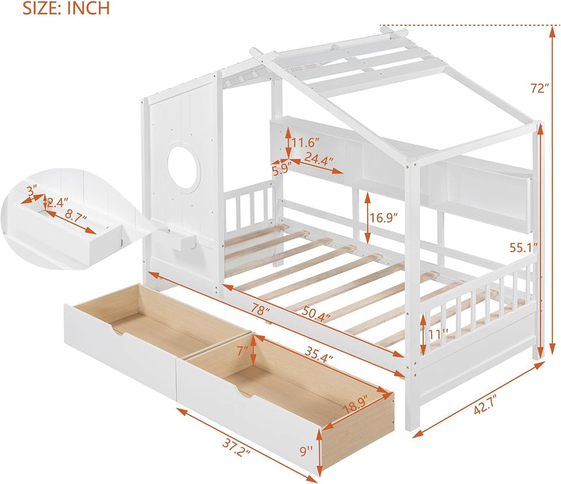 White Twin HouseShaped Bed Frame With StorageSpace