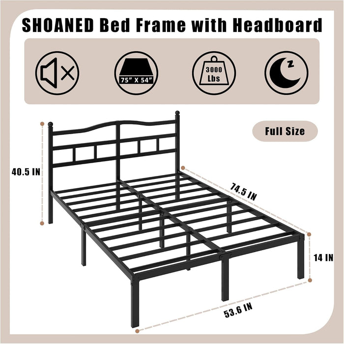 14 Inch Metal Bed Frame - Full Size Heavy Duty Bedframe with Headboard Black Basic Steel Slats Platform No Box Spring Needed/Easy Assembly/Noise Free