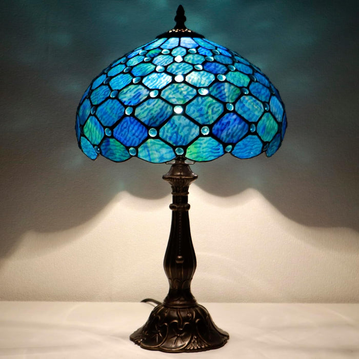 Tiffany Style Stained Glass Table Lamp Sea Blue Pearl 18.5 Inch