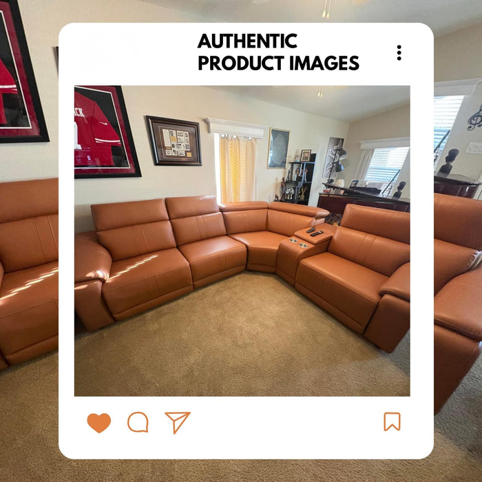 Breathing Leather Recliner Sectional Sofa, 5-Seat Power Reclining Sectional Couch with Adjustable Headrest&Storage Console, L Shaped Leather Couch for Living Room (Light Brown)