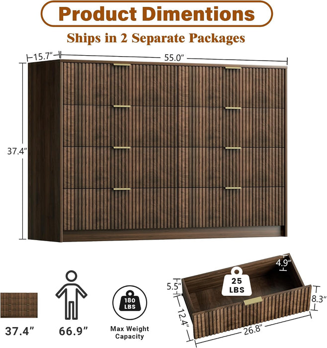 Walnut Dresser for Bedroom, Modern Dresser with 8 Drawers and Smooth Slides, Wide Chest of Drawers with Golden Handles for Bedroom, Closet, 15.7" D X 55" W X 37.4" H