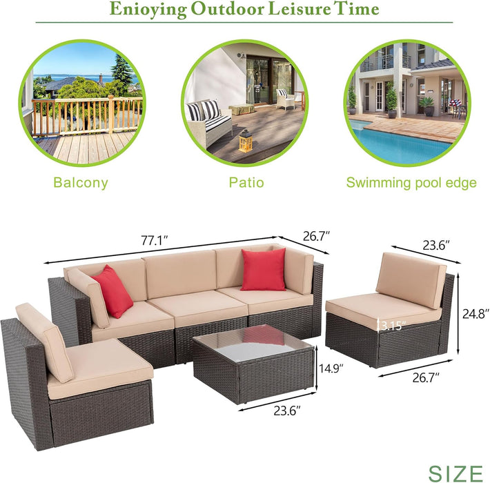 6 Pieces Outdoor Patio Furniture Set, PE Wicker Rattan Sectional Sofa Patio Conversation Sets with Coffee Table for Garden, Backyard, Poolside (Beige)