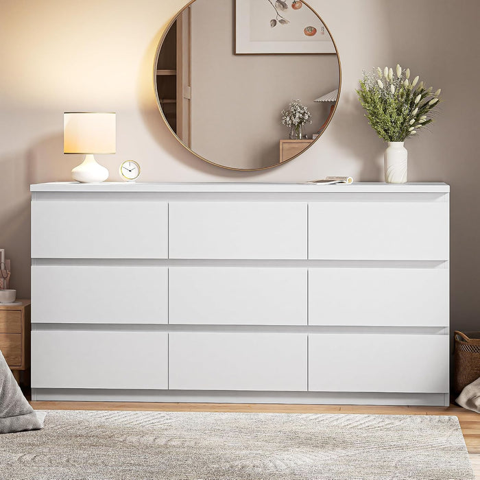Modern 9 Drawer Dresser for Bedroom, Simply Chest of Drawers, Wood Storage Dresser with Deep Drawers for Living Room Hallway Entryway (White)