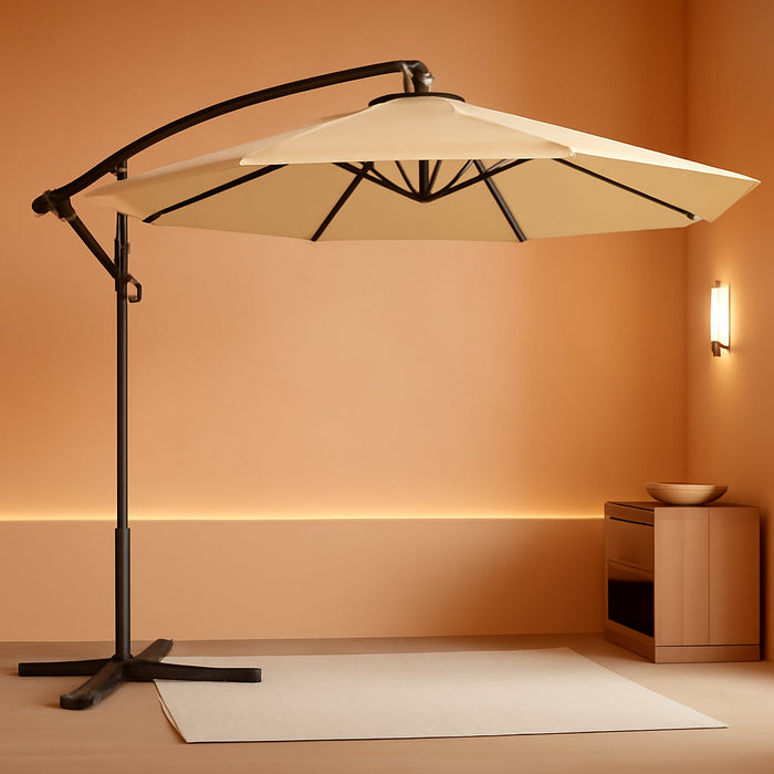 10FT Patio Offset Umbrella - Cantilever Hanging Outdoor Umbrellas W/Uv Protection & 8 Ribs & Handy Crank & Cross Base for Market/Garden/Lawn/Deck/Backyard/Pool - Tan