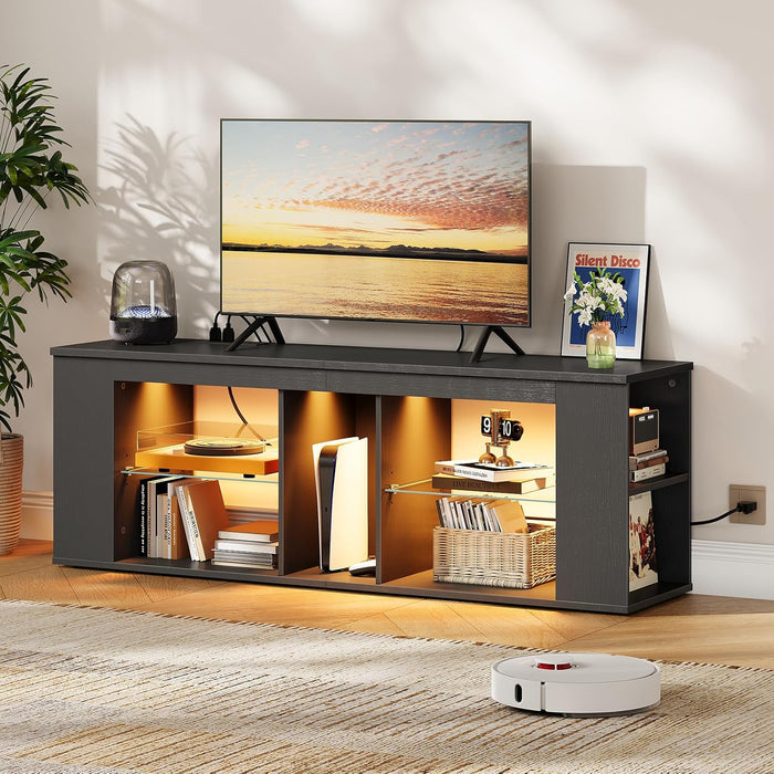 55" TV Stand for up to 65" Tvs with RGB LED Lights, Built-In Power Outlet, Adjustable Glass Shelves & Open Storage, Modern Media Console for Living Room & Game Room, Black MDS05UDBB