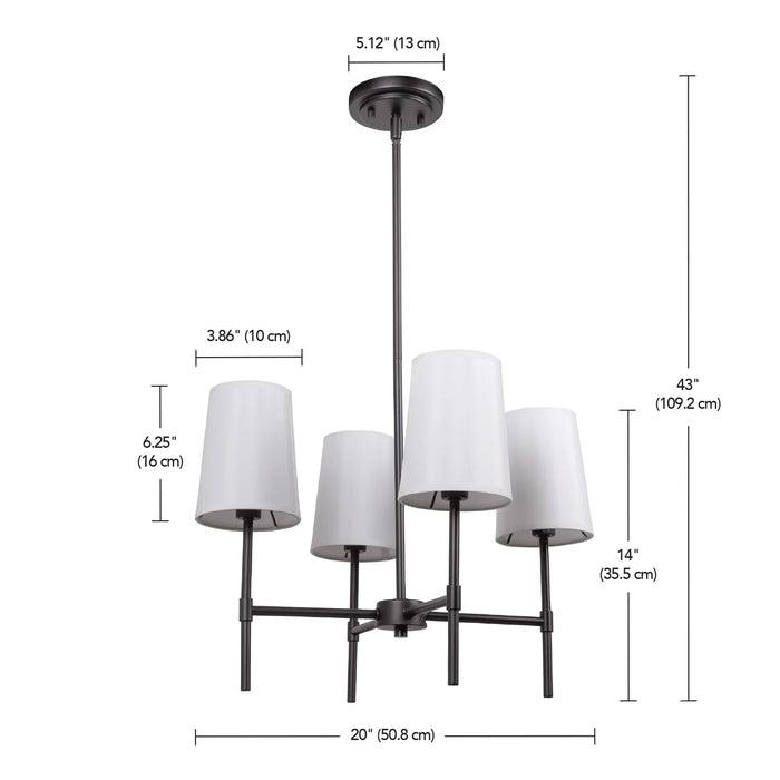 Meadowood 4-Light Chandelier, Matte Black Finish, White Fabric Shades, LED Bulbs Included