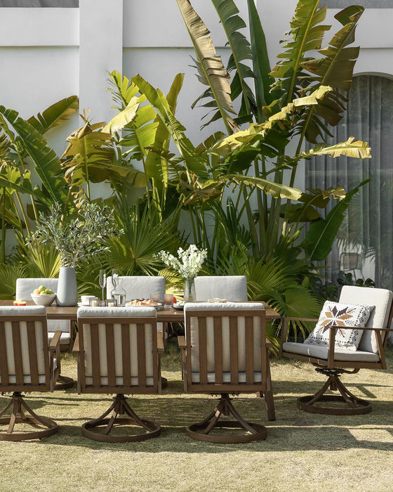 9 Pieces Patio Dining Set for 8, Outdoor Aluminum Dining Furniture Set with Umbrella Hole, All-Weather Outdoor Patio Table Sets with 8 Swivel Chairs and Table for Deck Backyard Poolside, Teak