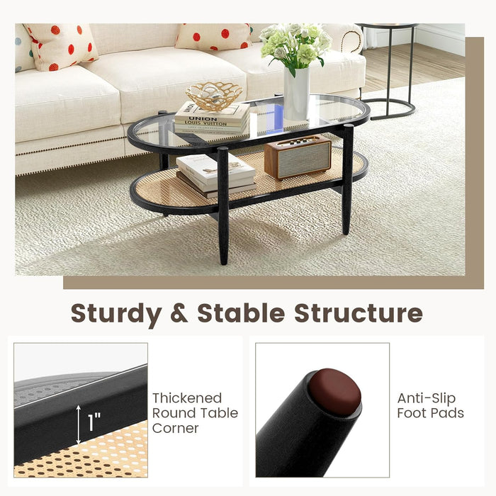 Rattan Coffee Table, 40”L Boho Oval Acacia Wood Cocktail Table with Tempered Glass Tabletop & PE Rattan Storage Shelf, 2-Tier Tea Center Table for Living Room Office Reception (Boho, Black)