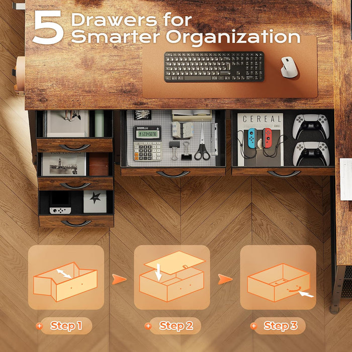 47 Inch L Shaped Desk with Power Outlets, 5 Fabric Drawers