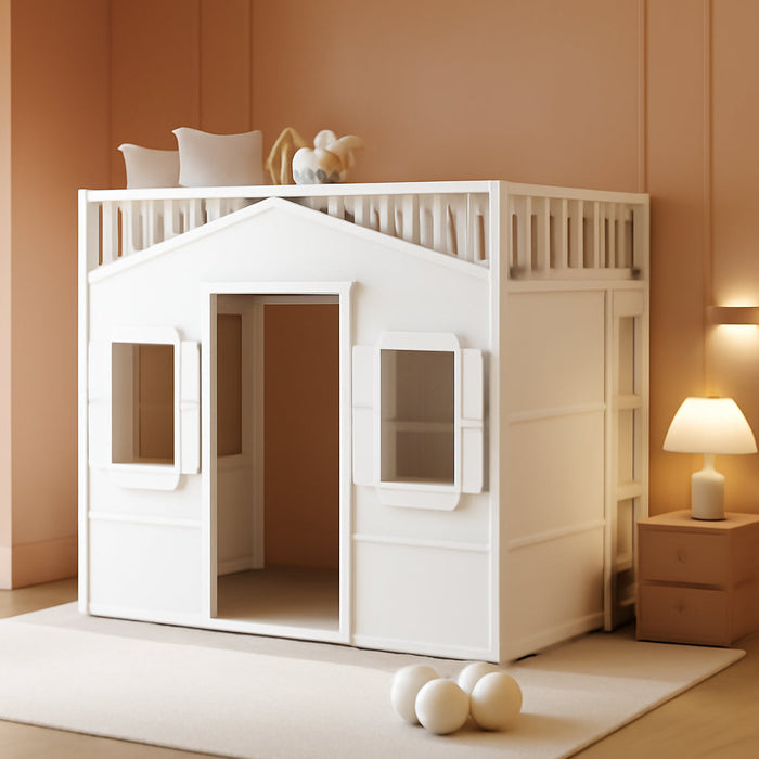 Twin Size Wood Loft Bed, House Bed Frame with Ladder and Safety Guardrails for Kids, No Box Spring Needed, White
