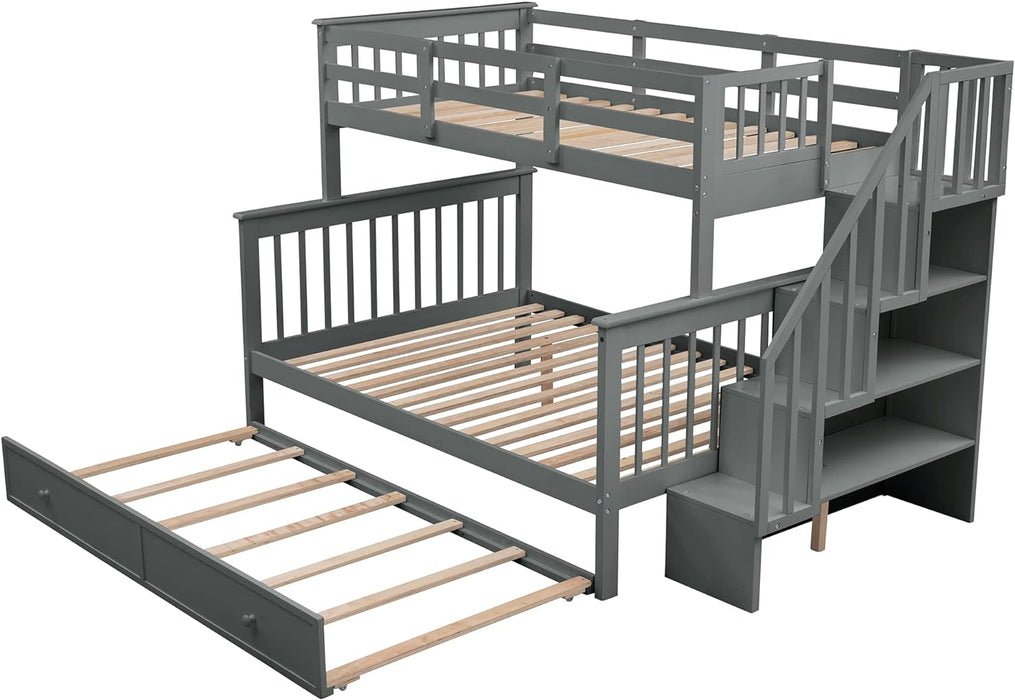 Twin over Full Bunk Bed, Wooden Bunk Bed Frame Twin over Full with Trundle and Storage Shelves, Twin over Full Size Bunk Beds with Staircases for Kids Teens Adults, Grey