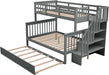 Twin over Full Bunk Bed, Wooden Bunk Bed Frame Twin over Full with Trundle and Storage Shelves, Twin over Full Size Bunk Beds with Staircases for Kids Teens Adults, Grey