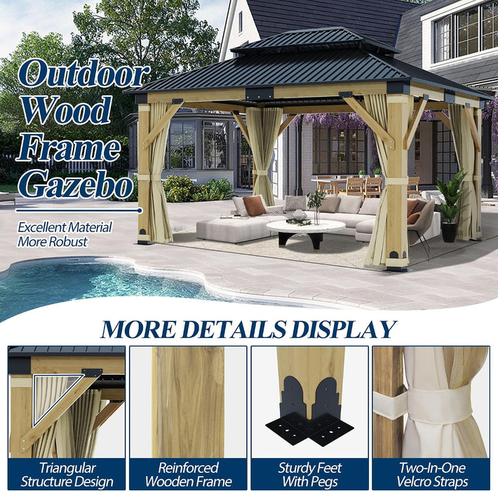 11FT X 13FT Outdoor Wood Gazebo - Patio Wooden Gazebo with Galvanized Steel Hardtop, Heavy-Duty Double Roof Gazebos with Netting & Curtains for Garden, Poolside, Deck, Backyard