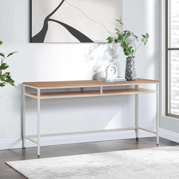 Modern 60-Inch Woodgrain Top Multipurpose Desk Table, Taupe Metal Frame with Oak Top Finish
